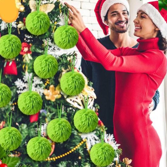 10 Pcs Green Furry Christmas Ball Ornaments with Red Bow Soft Faux Fur Pom Pom Ball Hanging Decorations for Holiday Tree Decor