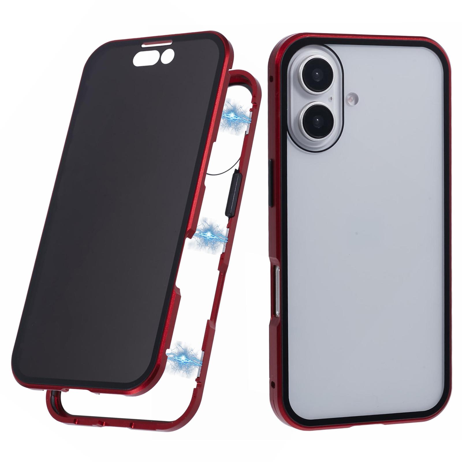 

For iPhone 16 Anti-Spy Case Magnetic Metal Frame+Double-Sided Tempered Glass Phone Cover Red