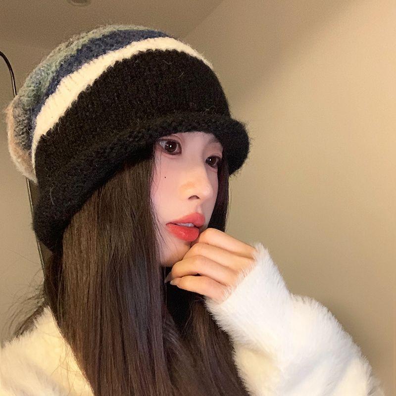 Korean Contrasting Striped Wool Hat for Women In Autumn and Winter New Warm Ear Protection Pile Hat Cold Hat Showing Face Small Knit Hat