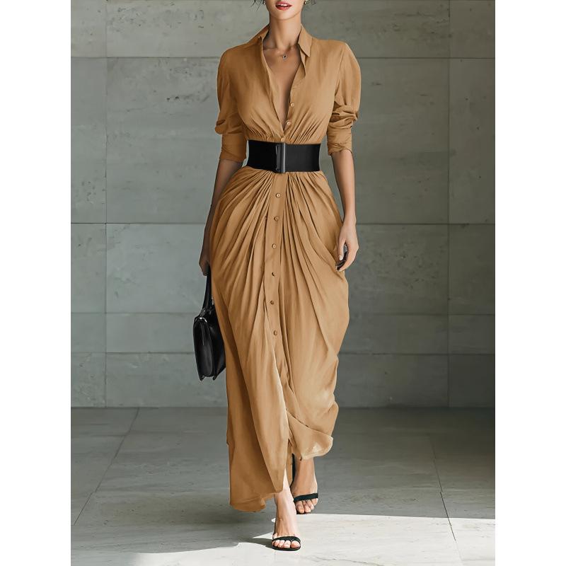 European Independent 2026 Spring/Autumn Lapel Button-Up Shirt Dress with Belt XXXL