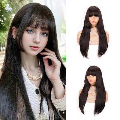Black Synthetic Long Wig With Bangs 20 Inch Long Dark Brown Heat-Resistant Brown Wig For Women Natural Looking