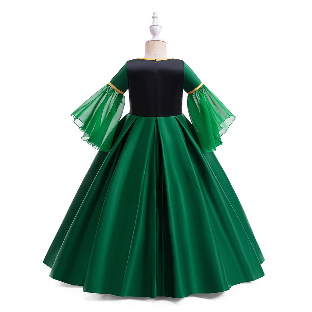 Performance Costume Girls Dresses Green Satin Embroidered Puff Sleeve Girls' Formal Gown