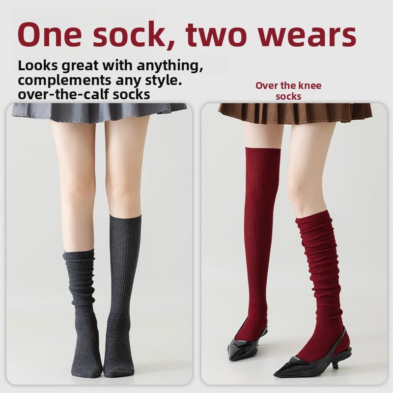 Ankela Red Socks, Women's Calf Socks, Pure Cotton Autumn and Winter Angora Red Knee-high Socks, Vertical Boneless Socks, Pile Socks