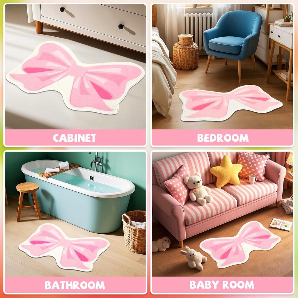 FEBSNOW Pink Bow Bathmat Rugs, Non Slip Coquette Bow Cute Aesthetic Carpet, Cute Room Decor Coquette Rug for Bathroom Bathtub Shower Bedroom and