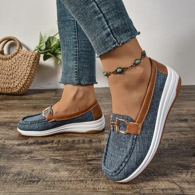 Women's Wide Width Rocker Sole Loafers, Fabric Slip-On Wedge Flats, European Style Casual Shoes for Women