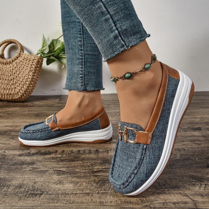 Women's Wide Width Rocker Sole Loafers, Fabric Slip-On Wedge Flats, European Style Casual Shoes for Women