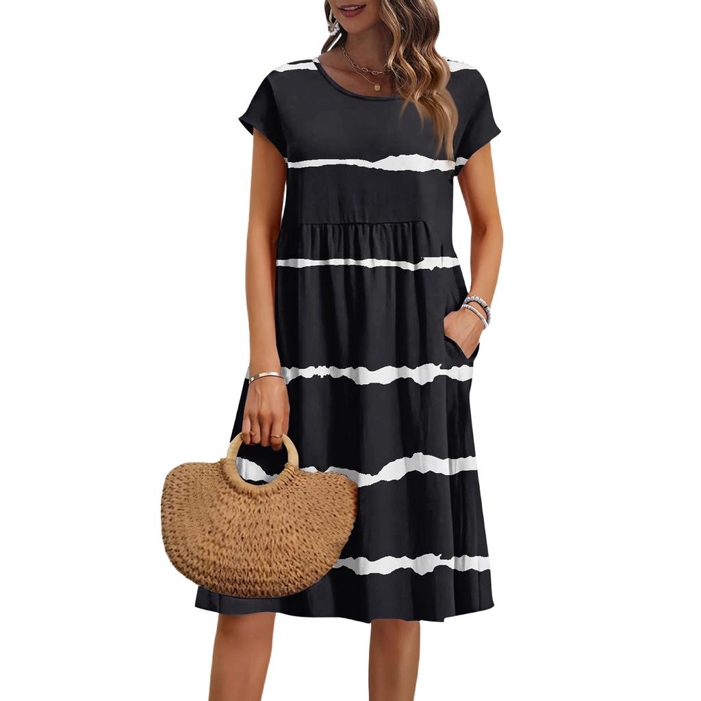 Women's Summer Fashion Casual Round Neck Short Sleeve Striped Print Dress