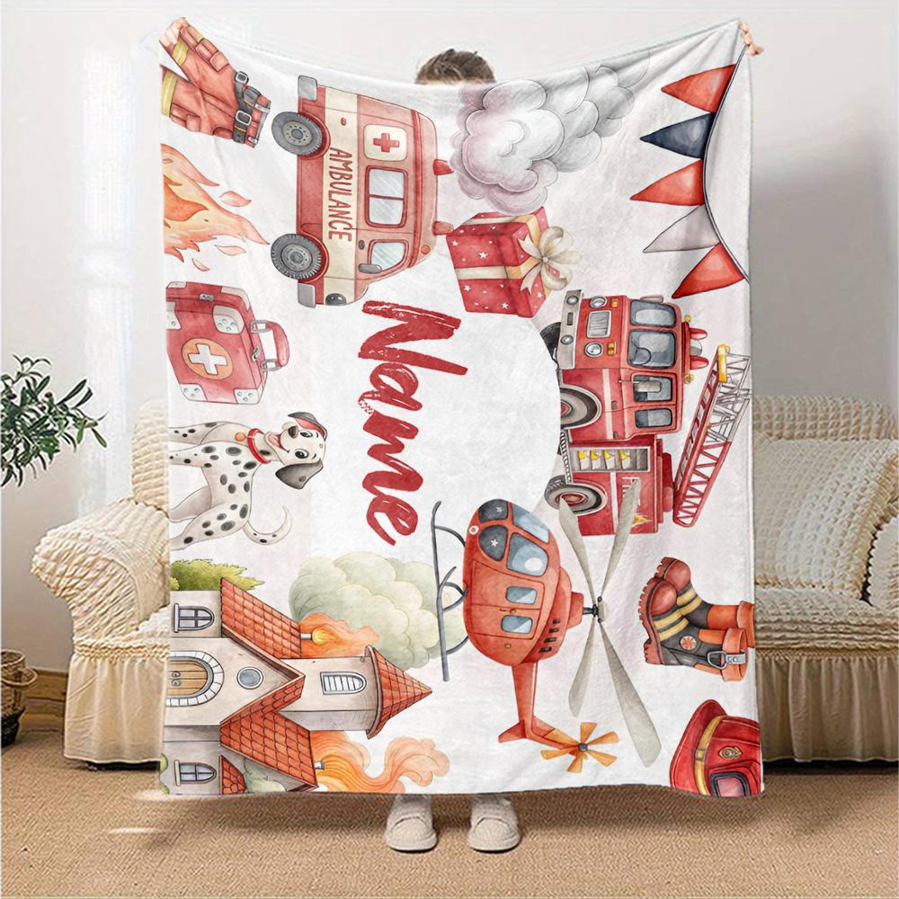 Custom Name fire truck Theme Printed Blanket - Perfect for Couch, Bed, Travel & Outdoor Use | Machine Washable, Cozy & Durable.