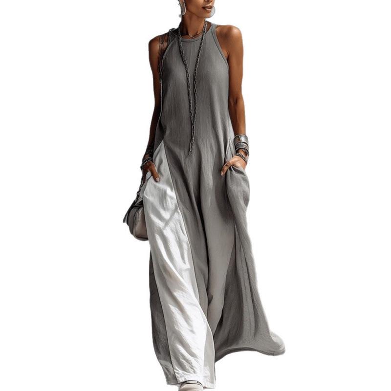 Women's Sleeveless Color Block Off-the-Shoulder Casual Dress with Pockets