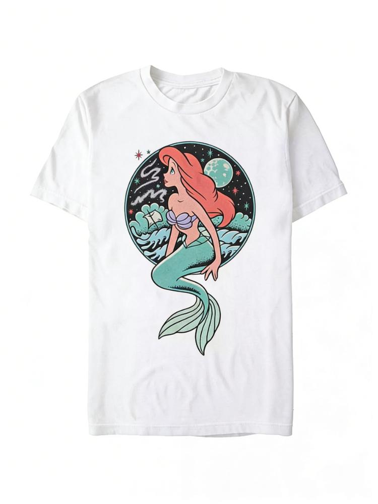 

New Fashion Cartoon Little Mermaid Moonrise Shipwreck Print High Quality WoUnisex Short Sleeve Loose Casual TShirt S