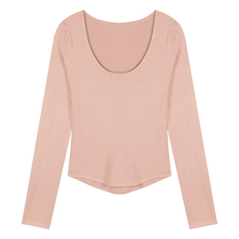 Casual Combina com Tudo para Usar por Dentro Simples Cor Sólida Estilo Curto Irregular Umbigo à Mostra Decote U Top de Manga Comprida