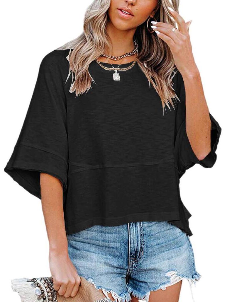 2026 Trendy Spliced Solid Color Bell Sleeve Loose Women s T-Shirt XL чёрный