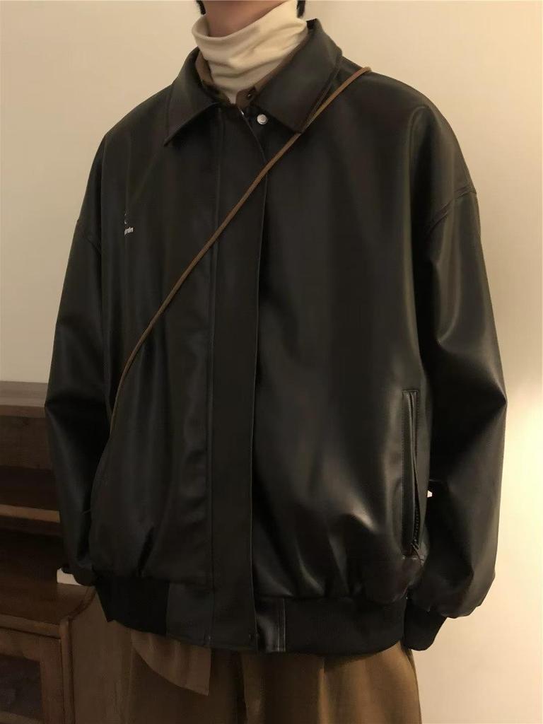 Men's Black Leather Motorcycle Jacket, Slim Fit, 2023 Spring Korean Style Trendy Coat