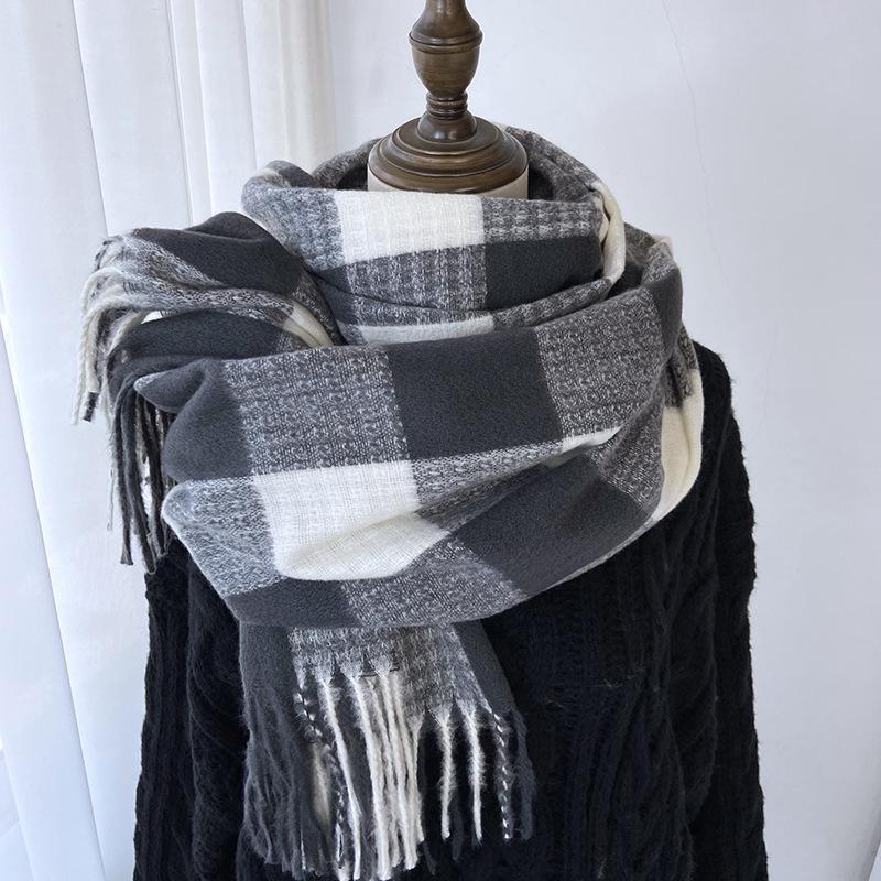 Scarf women's autumn and winter new style imitation cashmere tassel scarf, student versatile warm and thick plaid shawl