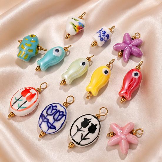 Handmade Ceramic Necklace Pendant, Star Fish Flower Charms with Golden Plated Findings, Ocean Theme Charms for DIY Earring Bracelet Jewelry Making