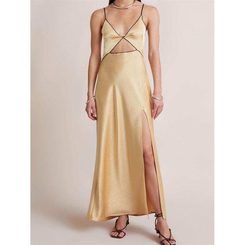 

Suspended V-neck Hollow Split Dress Women s V-neck Brace Cut Out Split Dress Yellow L(L)