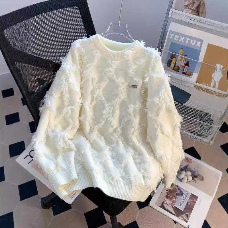 

Вязаный женский свитер с кисточками, круглым вырезом и длинными рукавами, пуловер, осень-зима, свободный, однотонный, женский топ One Size белый