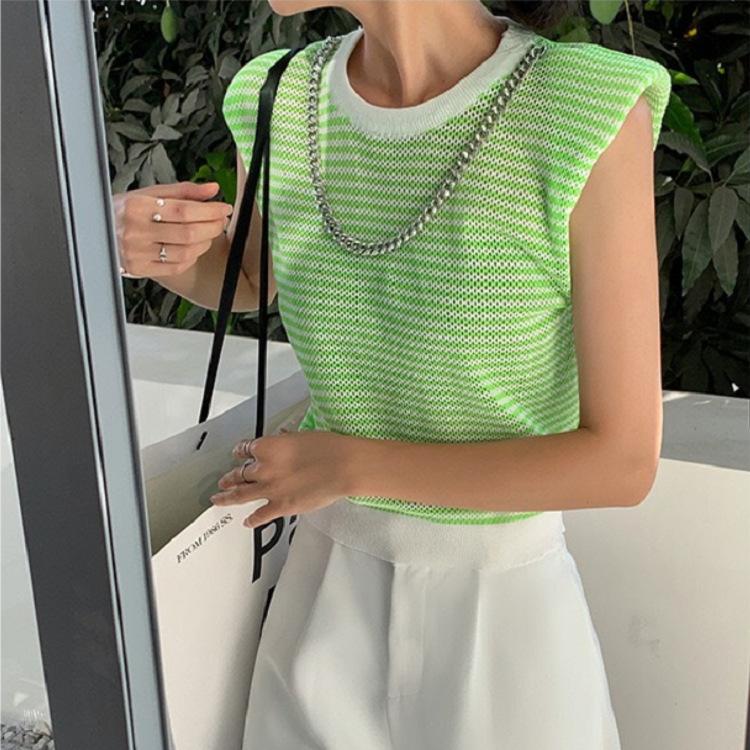 Kontrastierendes gestreiftes Tanktop Damen Sommerdesign Lockerer Rundhalsausschnitt Kette Lässig Ärmellos Strick