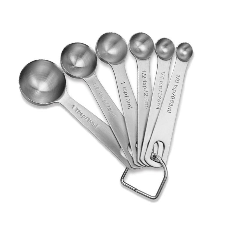 304 Stainless Steel One-Piece Round Handle Measuring Spoon Set with Hook Scale for Baking and Coffee