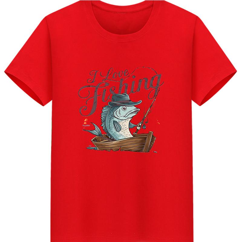 Unisex Cotton I Love Fishing Print Tshirt Loose round Neck Casual Short Sleeve Fashion Top for Summer