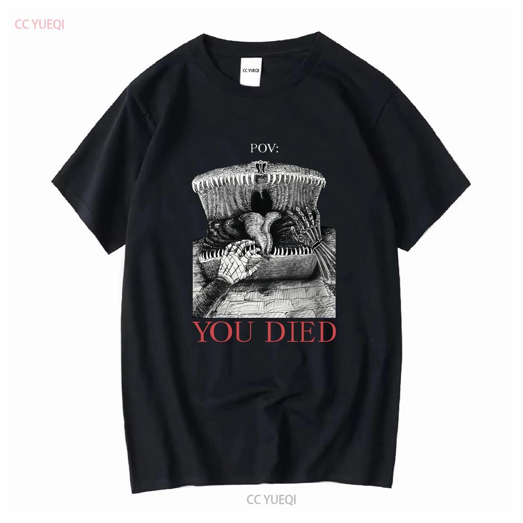 Mimik DnD Dark Souls Tuschezeichnung T-Shirt POV DU BIST GESTORBEN lang- oder kurzärmelig vintage gewaschen vielseitig Mode Streetwear
