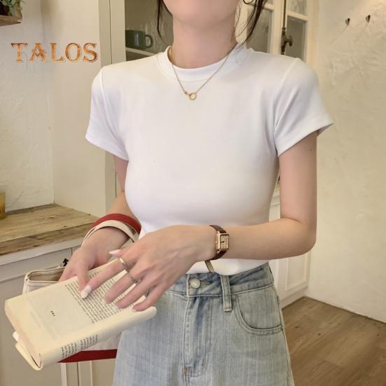 Women Slim Fit T-shirt O-neck Short Sleeve Pullover Tops Solid Color Stretchy Soft Tee Shirt Streetwear