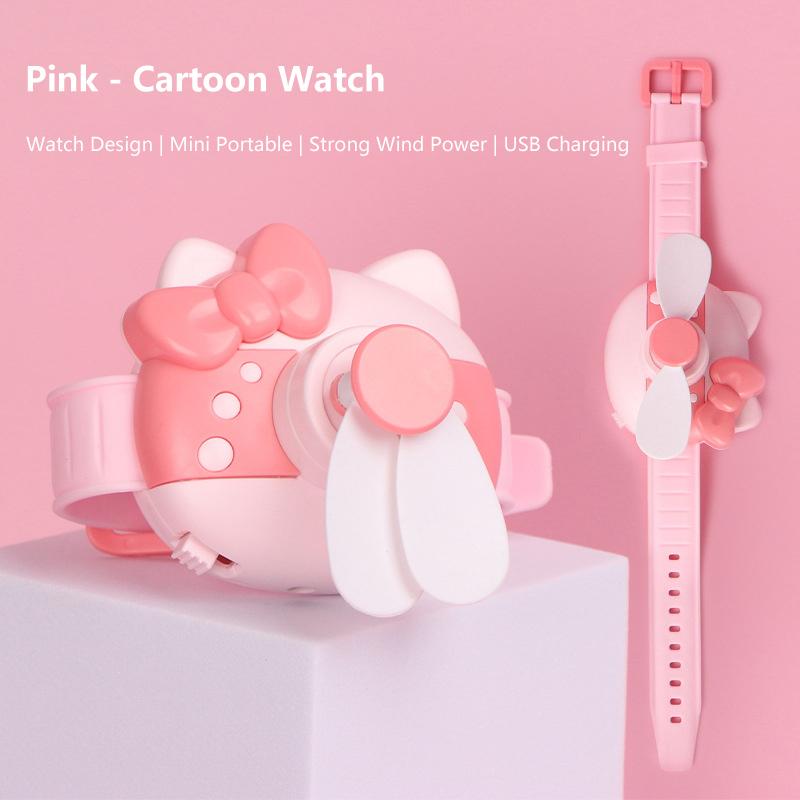 Kawaii Cartoon Kt Cat Wrist Fan Summer Rechargeable Student Children Portable Watch Small Fan Wind Force Usb Fan Kids Gifts