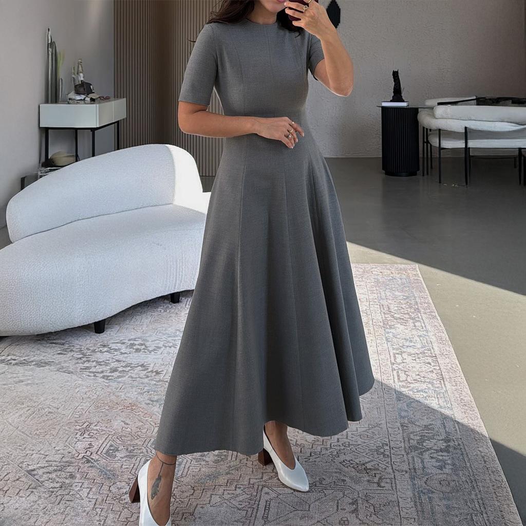 Temperament and Elegant Short-sleeved A-line Long Skirt Dress for Women's Autumn and Winter 2025