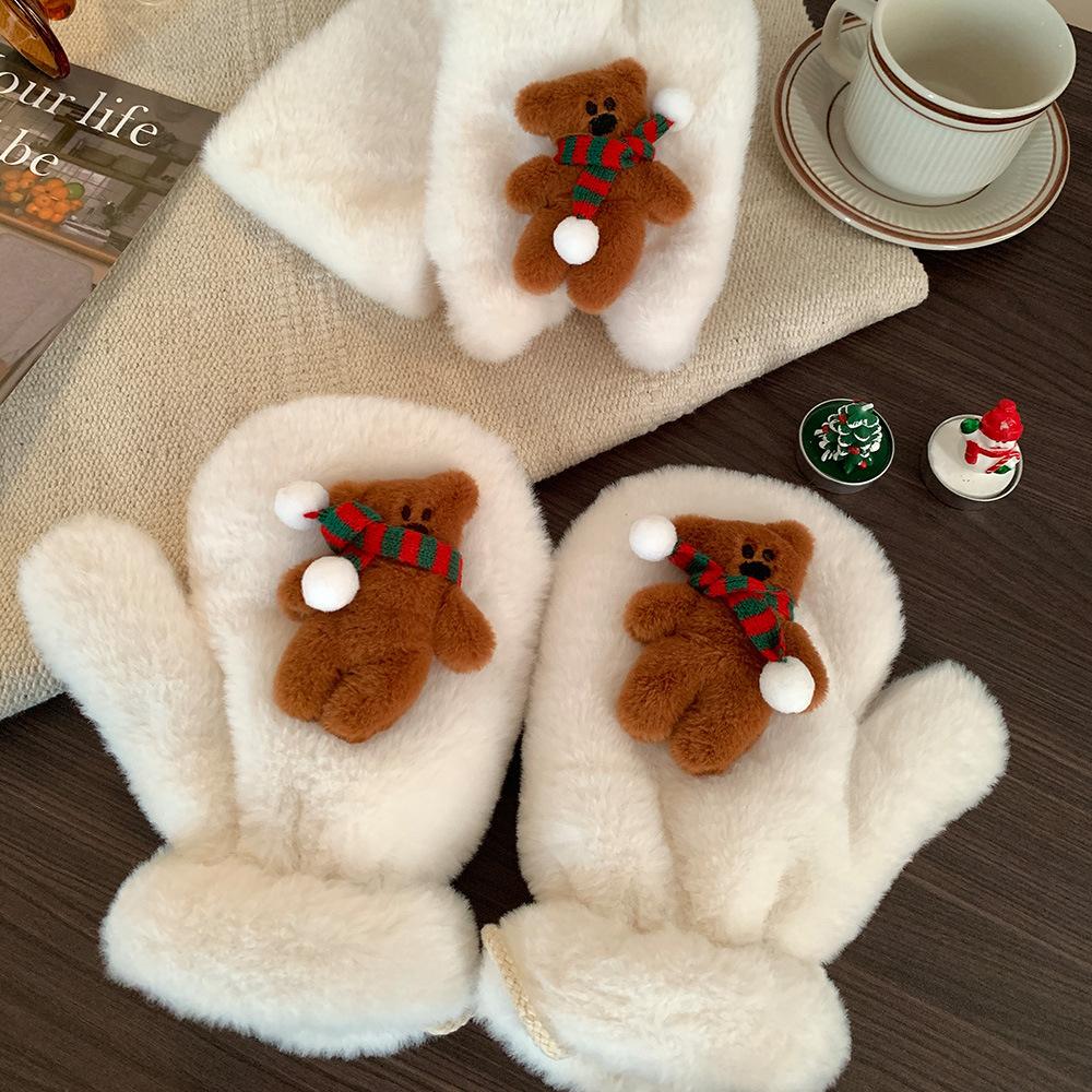 Cute Biscuit Bear Plush Gloves for Women Winter Warm Thickened Plus Velvet Mittens Can Be Hung Around The Neck Student Christmas Gift