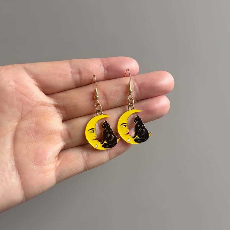 Playful Black Cat Moon Pendant Earrings