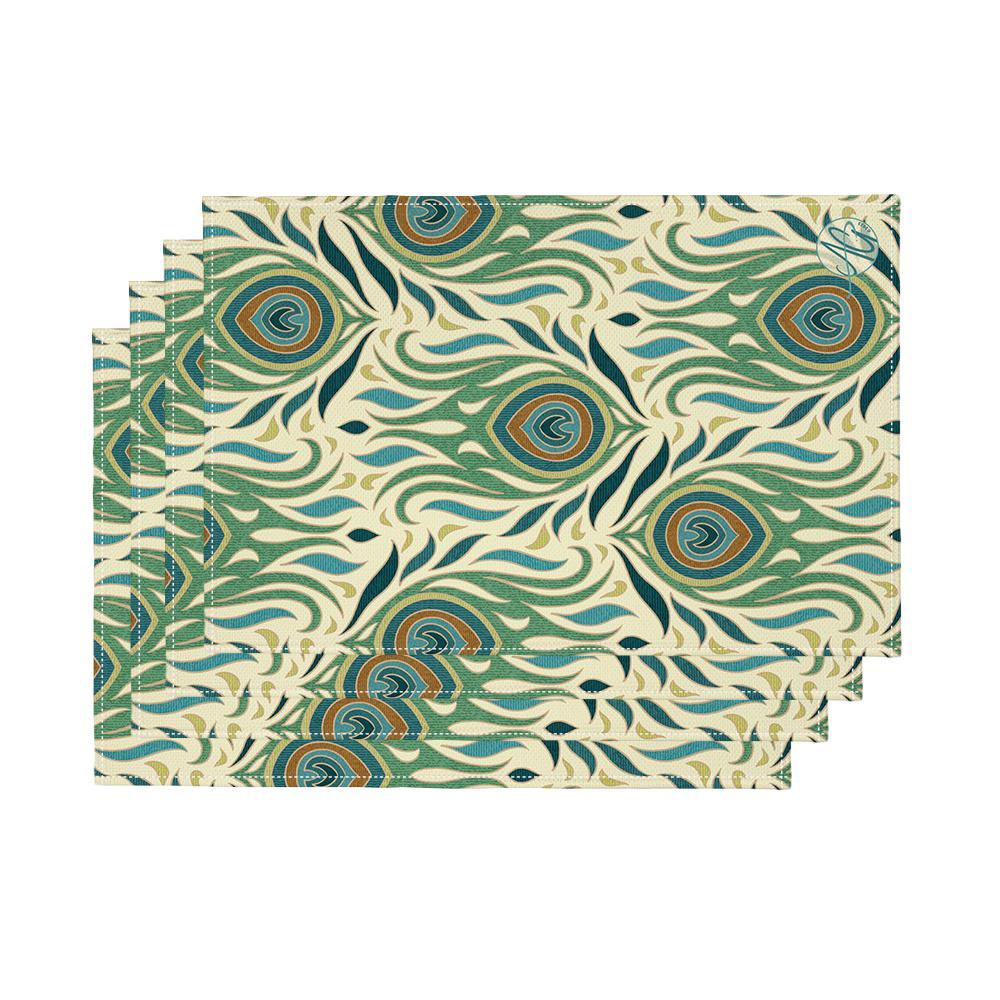 4pcs Peacock Feather Pattern Placemats Green Blue Ochre Abstract Eye Motif Washable Table Mats for Boho Art Deco Kitchen Decor 4PCS