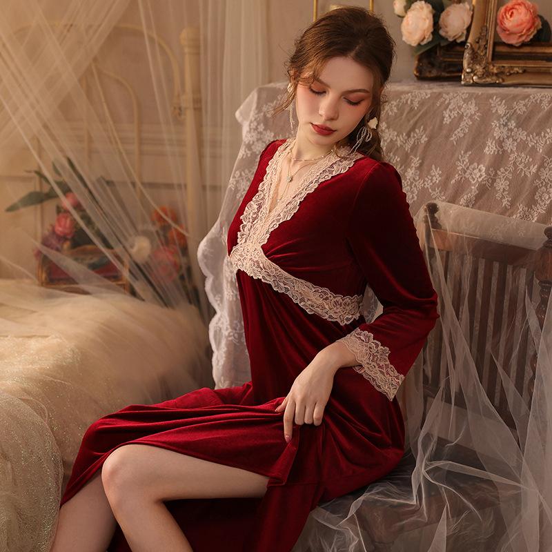 Women Sexy Nightwear V Neck Long Sleeve Nightdress for Ladies Nightgown Velvet Long Dress Nighties Sleepwear Home Clothes Pijama