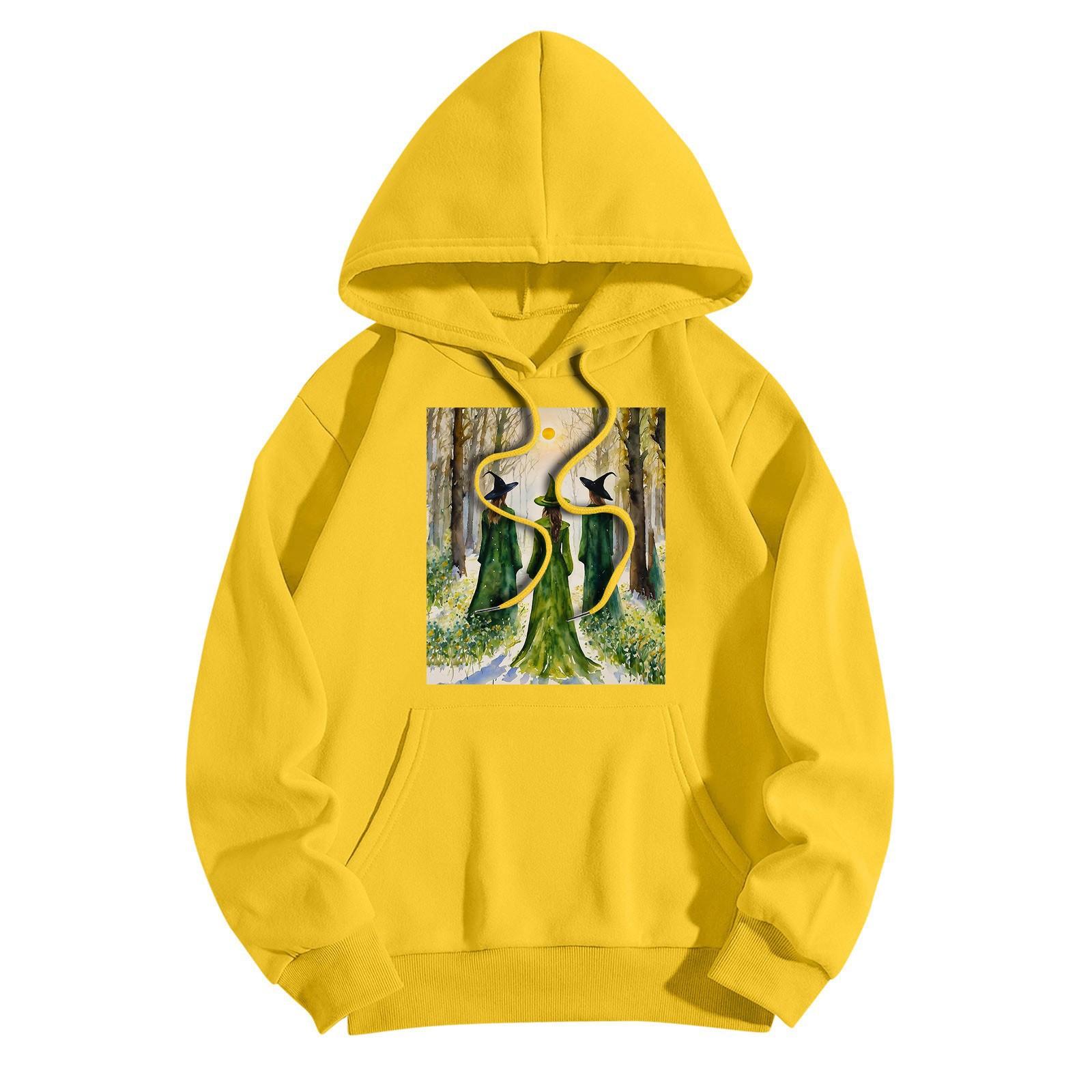 

Женская модная повседневная толстовка с капюшоном и принтом ведьмы на Хэллоуин с карманами и длинными рукавами S жёлтый