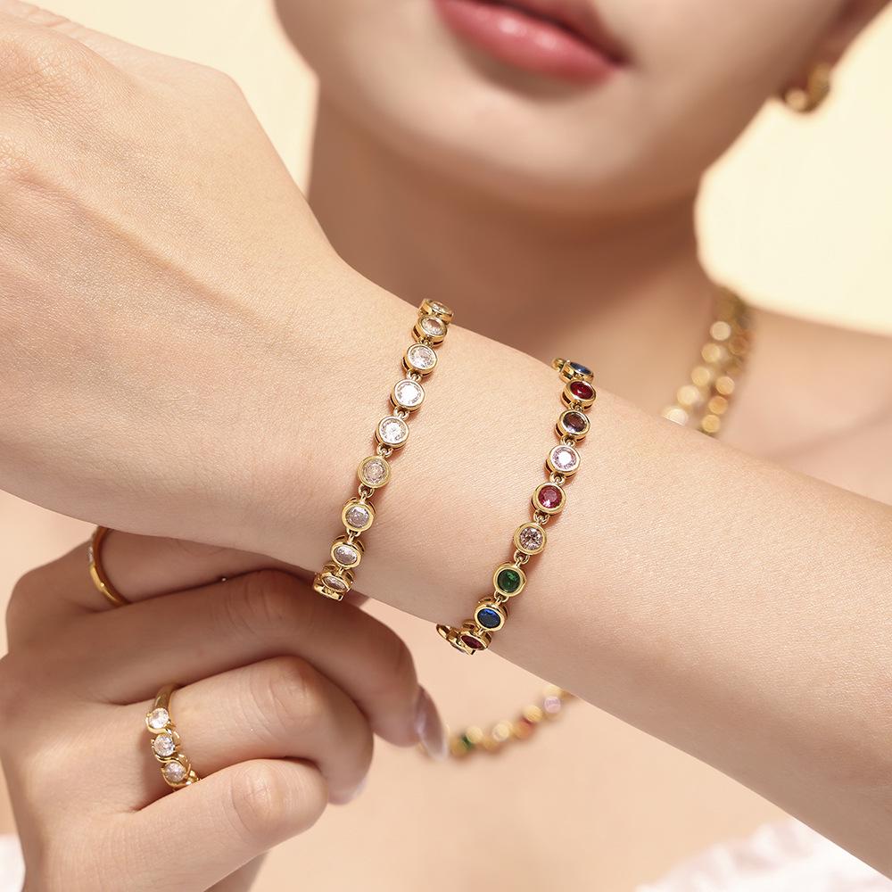 Bohemian Zircon Jewelry Set: Colorful Beads, Round Necklace & Bracelet, Titanium Steel with PVD Plated 18K Gold.