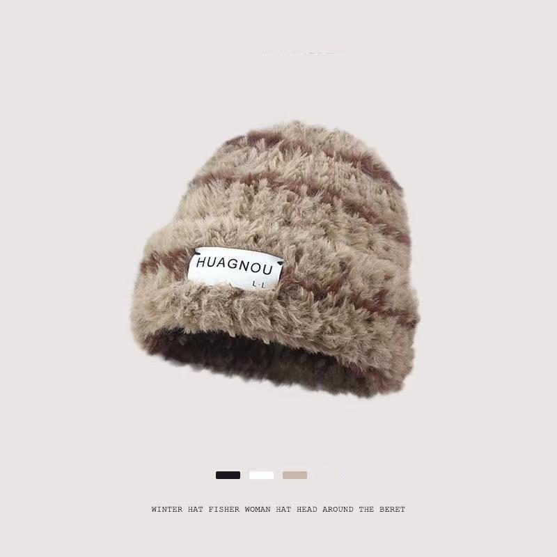 Autumn and winter fluffy knitted hat women's big head circumference thickened warm wool hat showing face small hat tide
