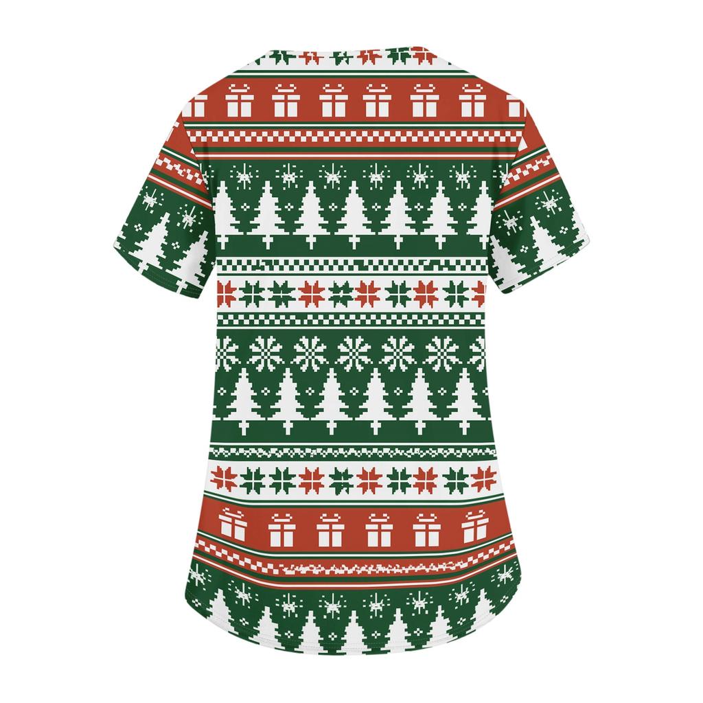 Women's V-Neck Short Sleeve Christmas Print Work Tunic Top with Pockets and Side Slits