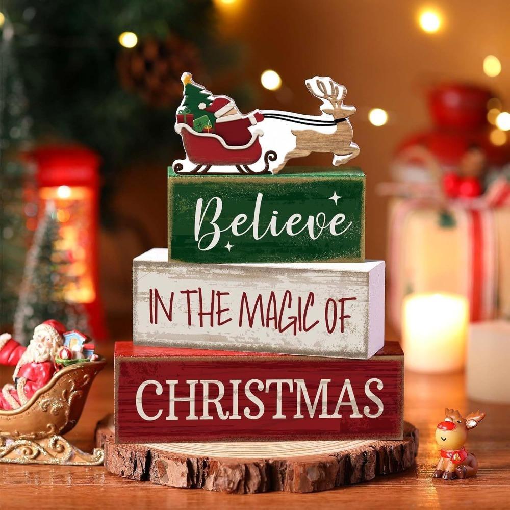 4Pcs Stacked Christmas Table Decoration Wooden Xmas Tiered Tray Decor for Home Kitchen