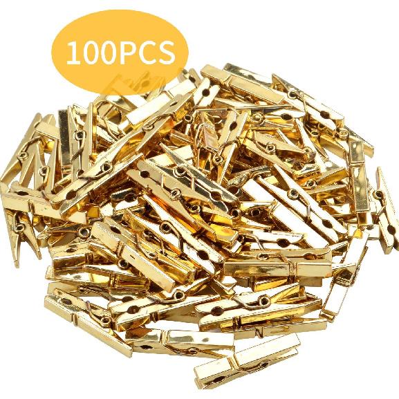 Mini Plastic Clips, 100 Pieces Utility Photo Clips Paper Peg Clothes Line Clips - 3.5 x 0.5 x 0.7cm, Gold