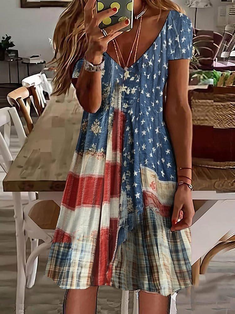 New Summer Ladies American Flag Stars and Stripes Printed Short Sleeve Dress