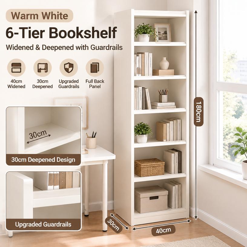 Freestanding Bookshelf Storage Shelf, Warm White, MDF, Full Back Panel, Adjustable Shelves