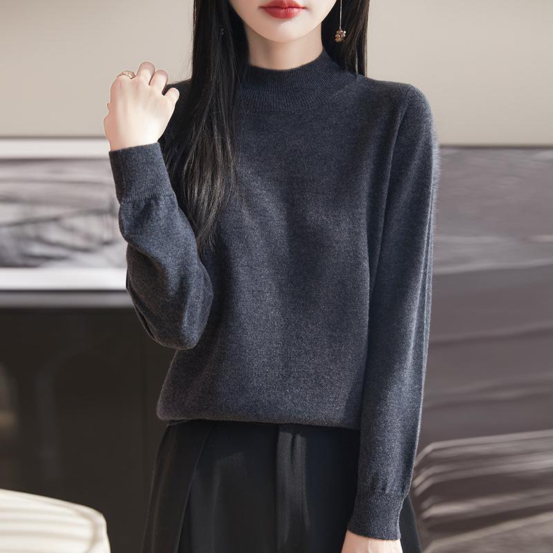 

Женский однотонный вязаный пуловер из шерсти свободного кроя с полувысоким воротником XL темно-серого