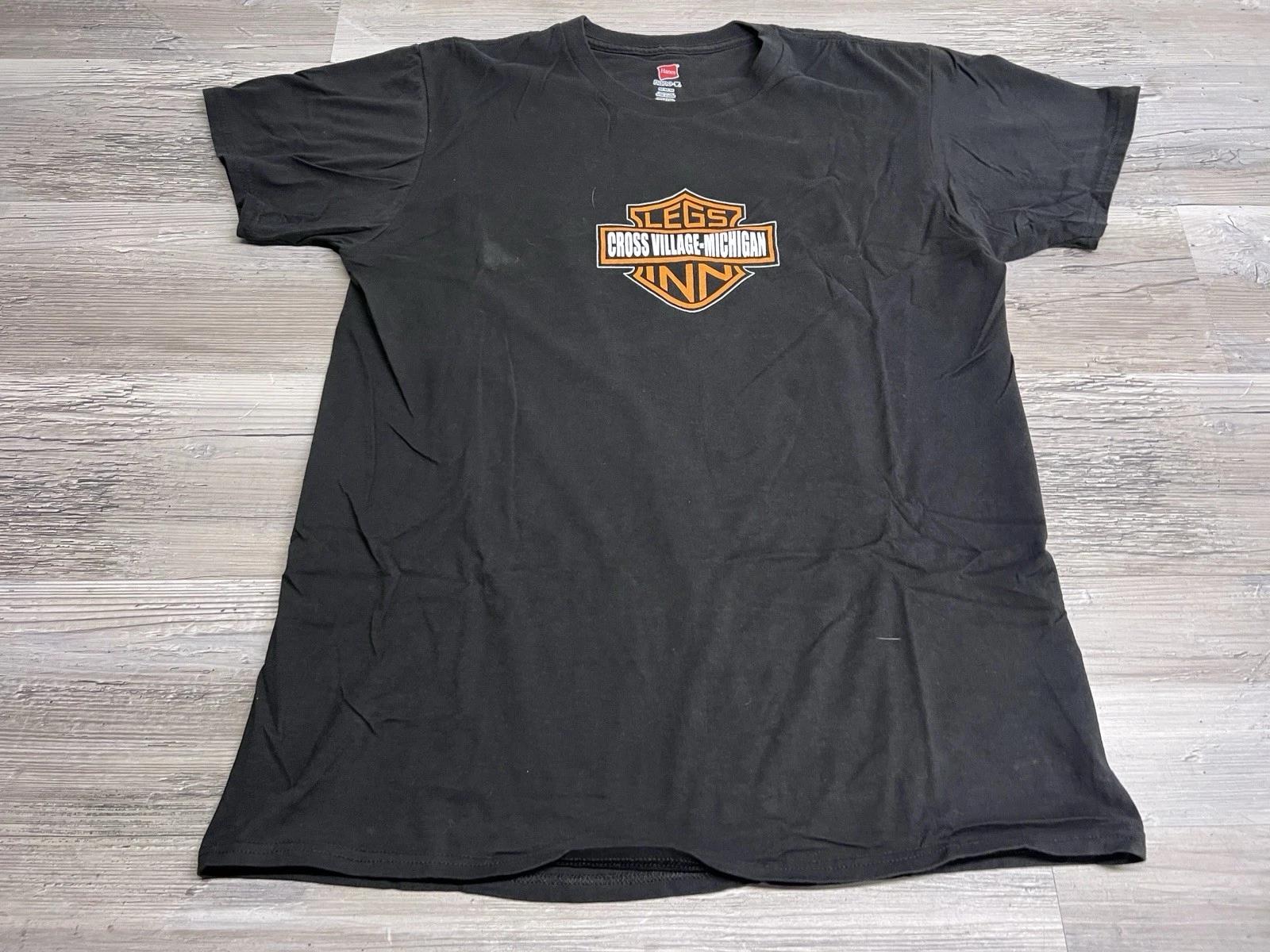 Biker T-Shirt Harley Parody Logo Legs Inn Cross Village Michigan Mens Sz M Black 2XL