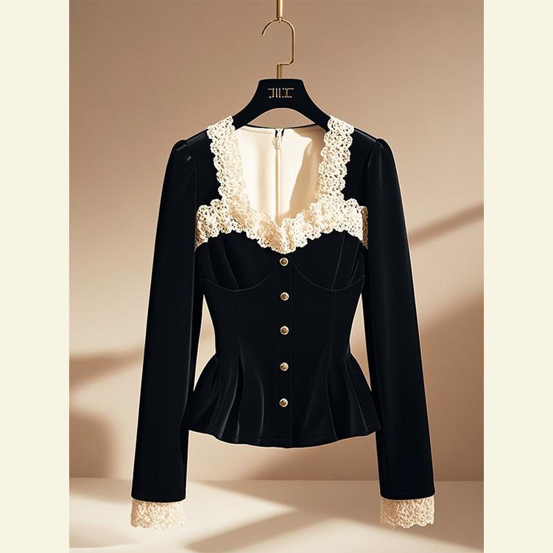 

Vintage Luxury Lace Long sleeve Velvet Women Elegant Ladies Sequin Tunic Shirt Female Office Party Wear XL