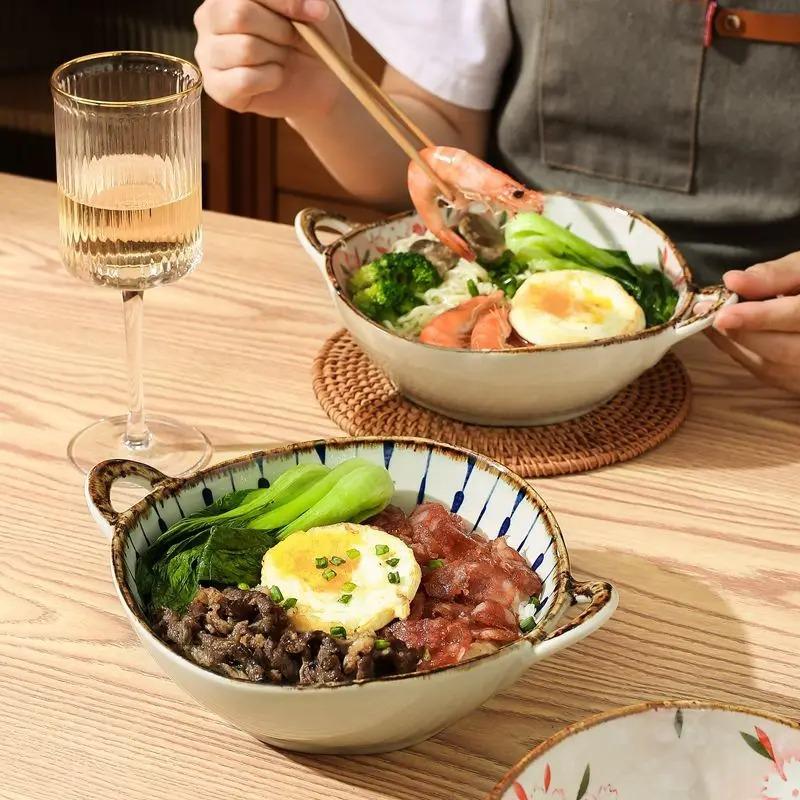 Double Ear Soup Bowl Japanese Style Bowl Household Retro High-value Internet Celebrity Eating Noodles Bowl Ramen
