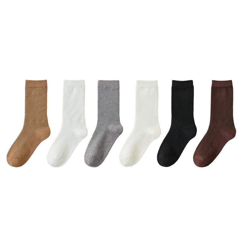 Solid Color Basic Socks for Women, Vertical Boneless Pile Socks, Drawstring Versatile Mid-calf Socks, Autumn Cotton Socks