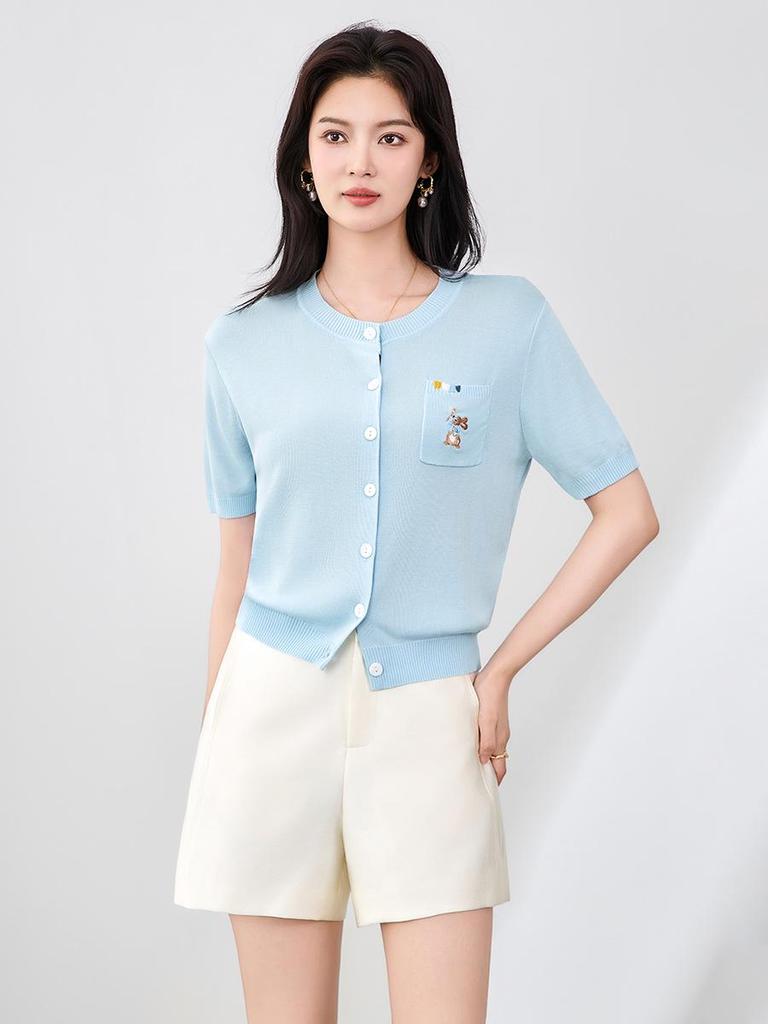 French Fun Little Rabbit Embroidery Knitted Tencel Cardigan - Women's Casual Short Sleeve Top