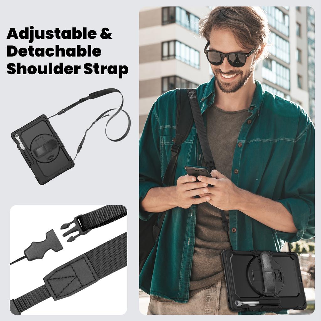 Heavy Duty shockrpoof Case Hand/Shoulder Strap Stand for Samsung Galaxy Tab S10 FE+ Plus 13" X620/X626B With Screen Protector