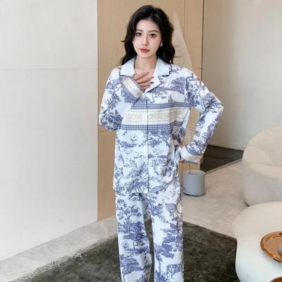 Damenpyjama Frühling und Herbst Eis-Seide Langarmhose Zweiteiliges Set Schlicht Lässig Hausanzug Set