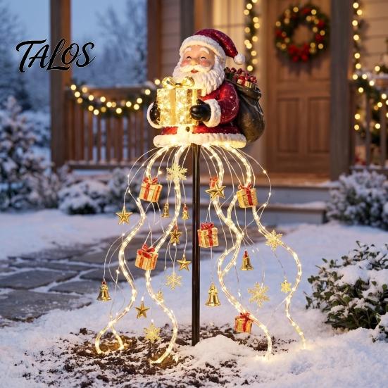 Santa Claus Yard Statue with Lights Solar Christmas Garden Light, LED Holding Gift Box Stake Warm White Cascading String for Outdoor Porch Pathway