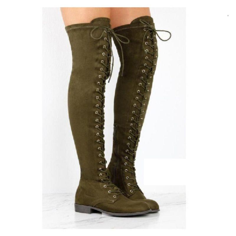 Luxurious Womens Lace Up Low Heel Thigh High Over The Knee Stretch Riding Boots Shoes